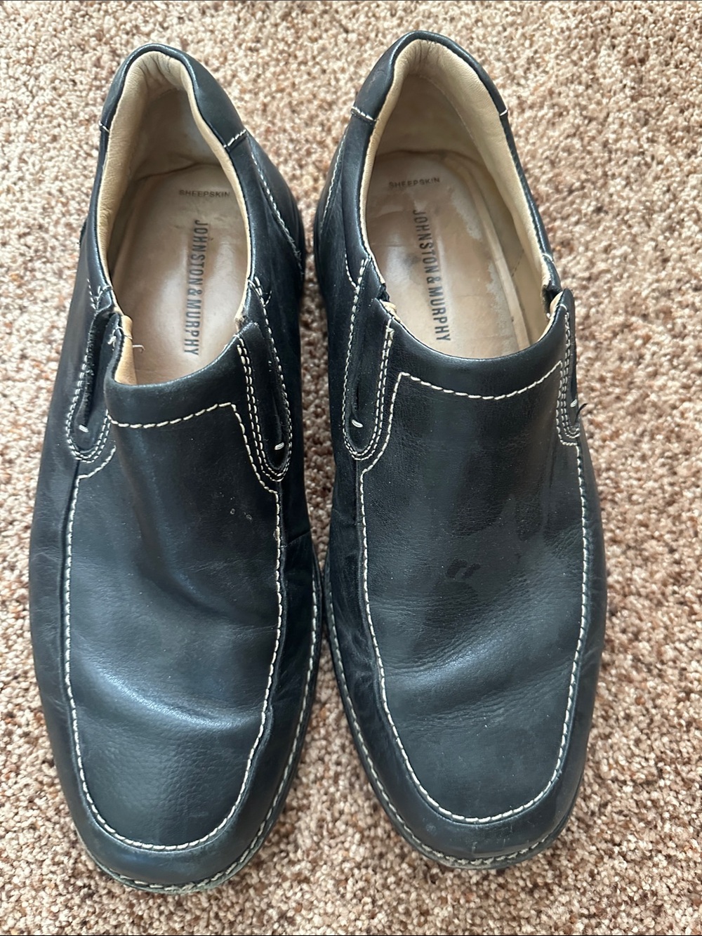 Johnston & Murphy Black Slip-On Leather Loafers with Contrast Stitching